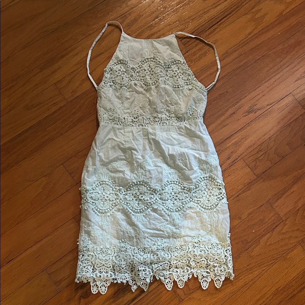 Etiquette Clothiers Lace  Mini Dress in Mint Green